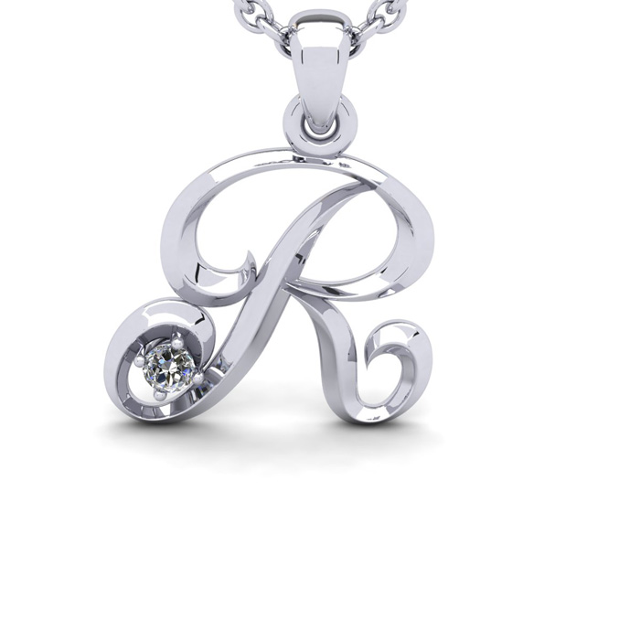 Letter R Diamond Initial Necklace in White Gold (1.8 g) w/ Free Chain, , 18 Inch Chain by SuperJeweler