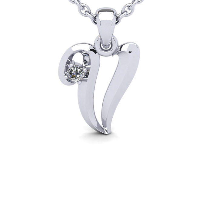 Letter V Diamond Initial Necklace in White Gold (1.8 g) w/ Free Chain, , 18 Inch Chain by SuperJeweler