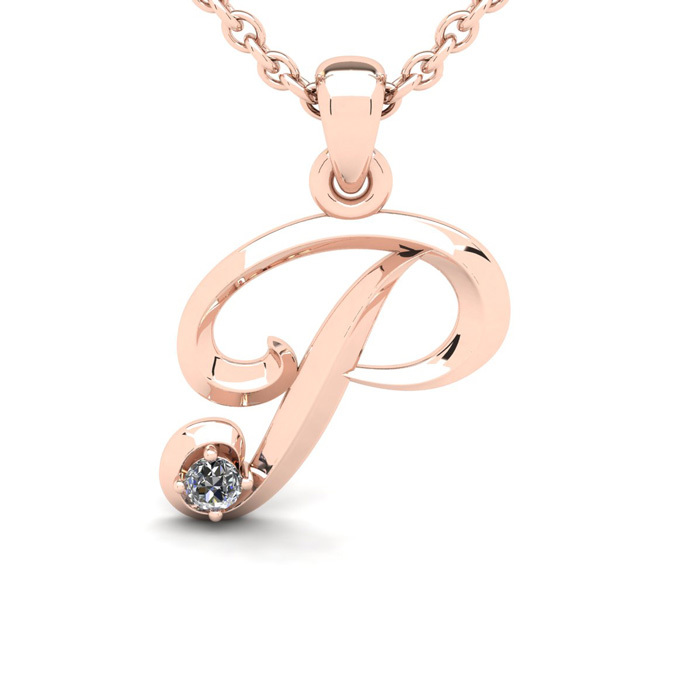 Letter P Diamond Initial Necklace in Rose Gold (1.8 g) w/ Free Chain, , 18 Inch Chain by SuperJeweler