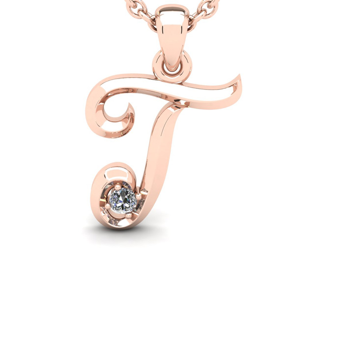 Letter T Diamond Initial Necklace in Rose Gold (1.8 g) w/ Free Chain, , 18 Inch Chain by SuperJeweler