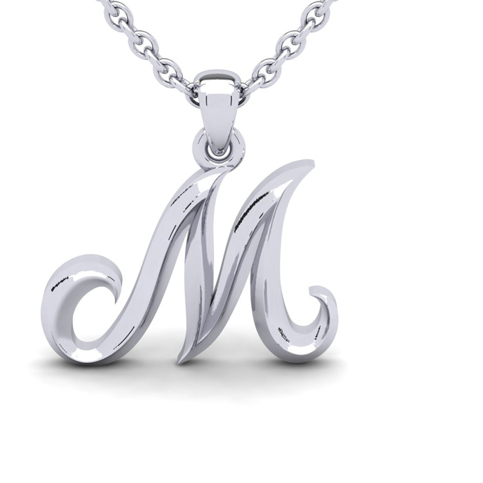 Letter M Swirly Initial Necklace in Heavy White Gold (2.1 g) w/ Free 18 Inch Cable Chain by SuperJeweler