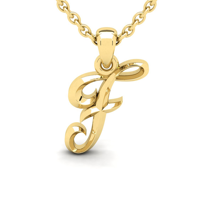 Letter F Swirly Initial Necklace in Heavy Yellow Gold (2.1 g) w/ Free 18 Inch Cable Chain by SuperJeweler