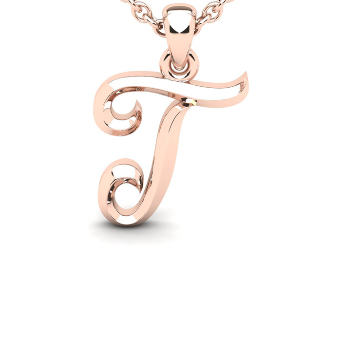 Letter T Swirly Initial Necklace in Heavy Rose Gold (2.1 g) w/ Free 18 Inch Cable Chain by SuperJeweler