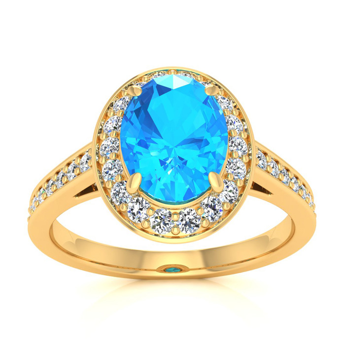 1 3/4 Carat Oval Shape Blue Topaz & Halo Diamond Ring in 14K Yellow Gold (4.7 g),  by SuperJeweler