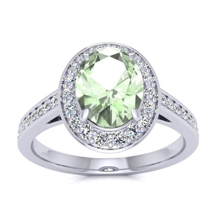 1 1/3 Carat Oval Shape Green Amethyst & Halo Diamond Ring in 14K White Gold (4.7 g),  by SuperJeweler