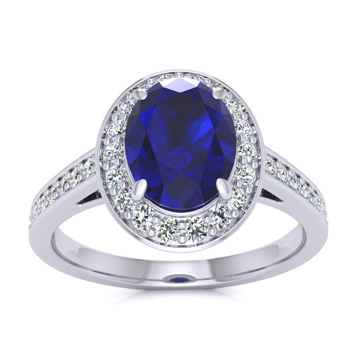 1 3/4 Carat Oval Shape Sapphire & Halo Diamond Ring In 14K White Gold (4.7 G), I/J By SuperJeweler