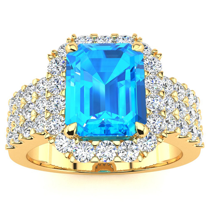 3 3/4 Carat Blue Topaz & Halo Diamond Ring in 14K Yellow Gold (8.7 g),  by SuperJeweler