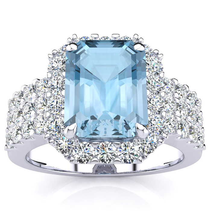 3 Carat Aquamarine & Halo 42 Diamond Ring in 14K White Gold (8.7 g)  Size 4 by SuperJeweler