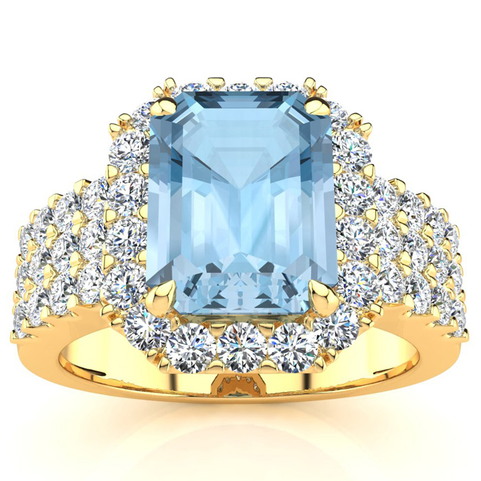 3 Carat Aquamarine & Halo 42 Diamond Ring in 14K Yellow Gold (8.7 g)  Size 4 by SuperJeweler