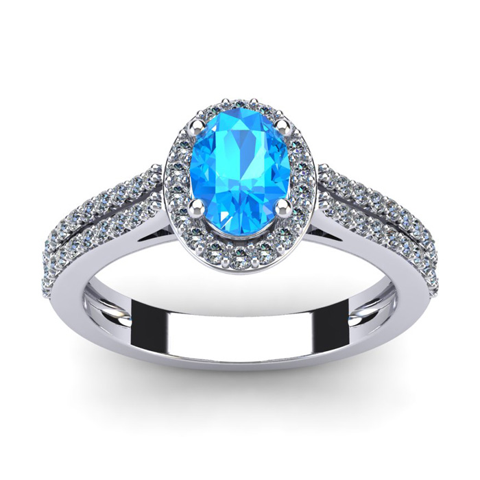 1.5 Carat Oval Shape Blue Topaz & Halo Diamond Ring in 14K White Gold (3.3 g),  by SuperJeweler