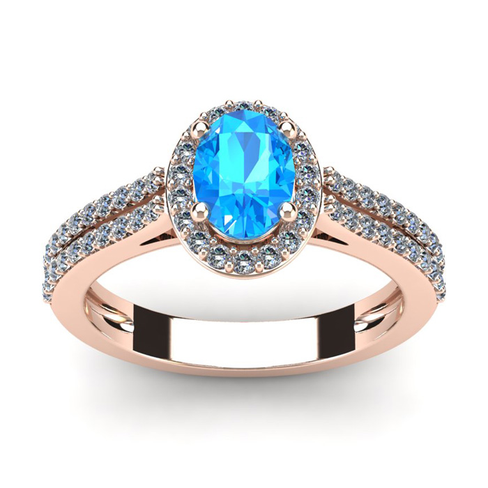 1.5 Carat Oval Shape Blue Topaz & Halo Diamond Ring in 14K Rose Gold (3.3 g),  by SuperJeweler