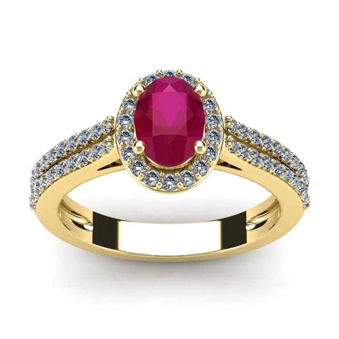 1 1/3 Carat Oval Shape Ruby & Halo Diamond Ring in 14K Yellow Gold (3.3 g),  by SuperJeweler