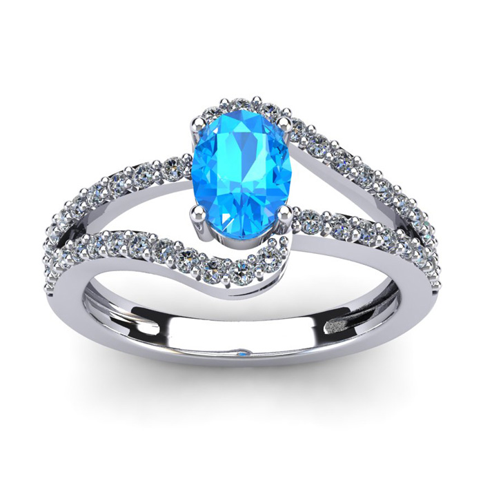 1.5 Carat Oval Shape Blue Topaz & Fancy Diamond Ring in 14K White Gold (3.3 g),  by SuperJeweler