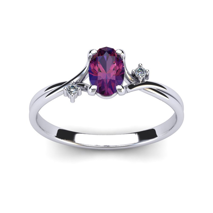 1/2 Carat Oval Shape Amethyst & Two Diamond Accent Ring in 14K White Gold (1.6 g),  by SuperJeweler