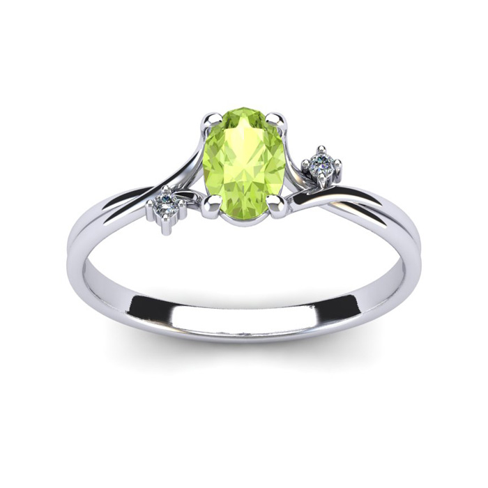 1/2 Carat Oval Shape Peridot & Two Diamond Accent Ring in 14K White Gold (1.6 g),  by SuperJeweler