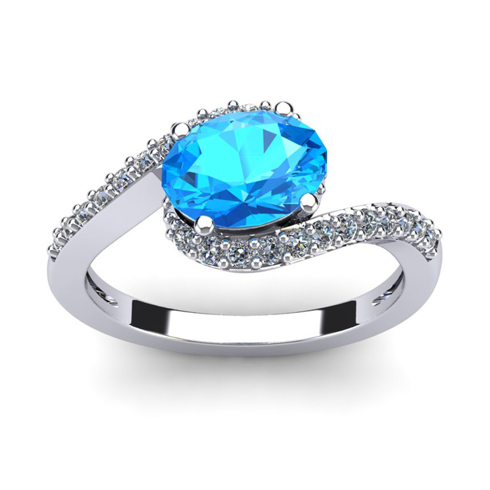 1 3/4 Carat Oval Shape Blue Topaz & Halo Diamond Ring in 14K White Gold (2.9 g),  by SuperJeweler