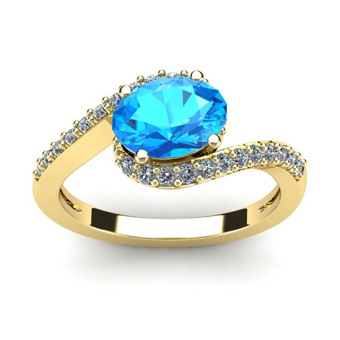 1 3/4 Carat Oval Shape Blue Topaz & Halo Diamond Ring in 14K Yellow Gold (2.9 g),  by SuperJeweler