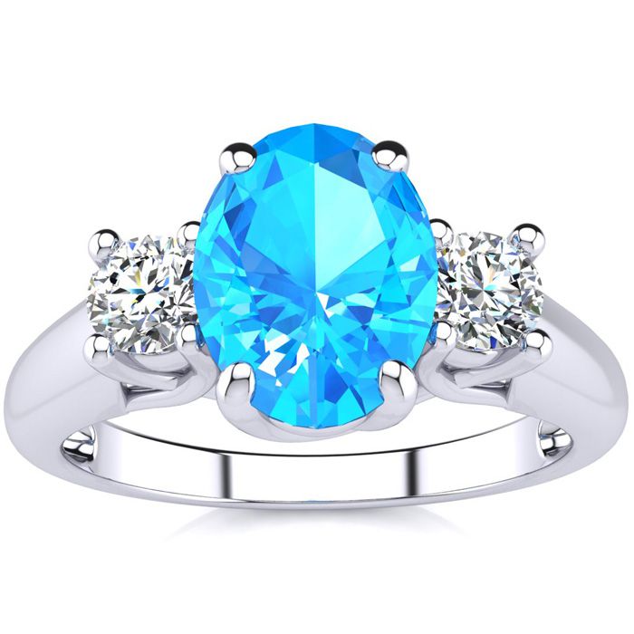 1 3/4 Carat Oval Shape Blue Topaz & Two Diamond Ring in 14K White Gold (3.1 g),  by SuperJeweler