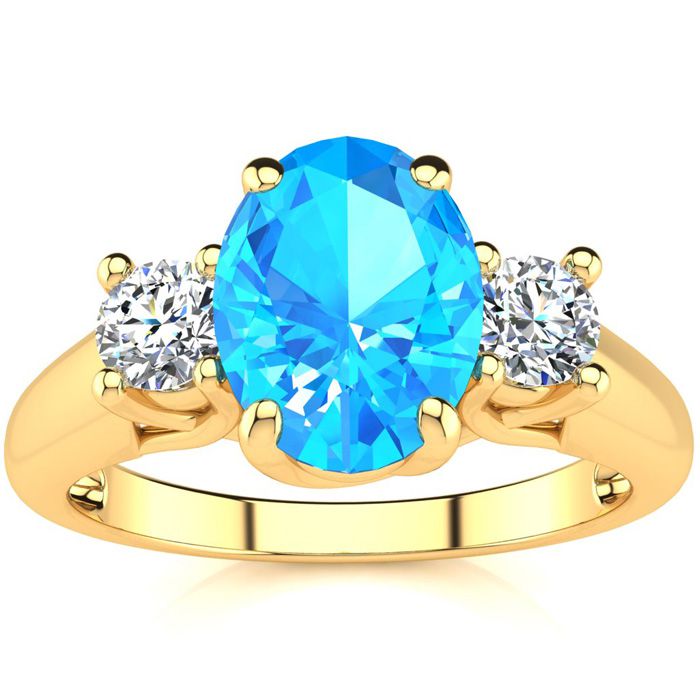 1 3/4 Carat Oval Shape Blue Topaz & Two Diamond Ring in 14K Yellow Gold (3.1 g),  by SuperJeweler