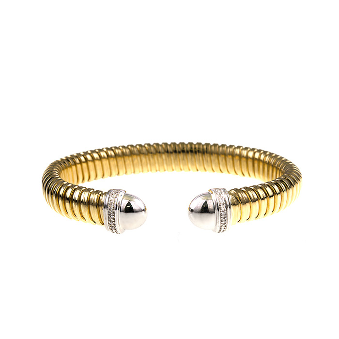 18K Yellow & White Gold Ribbed Cuff Bracelet w/ Diamonds