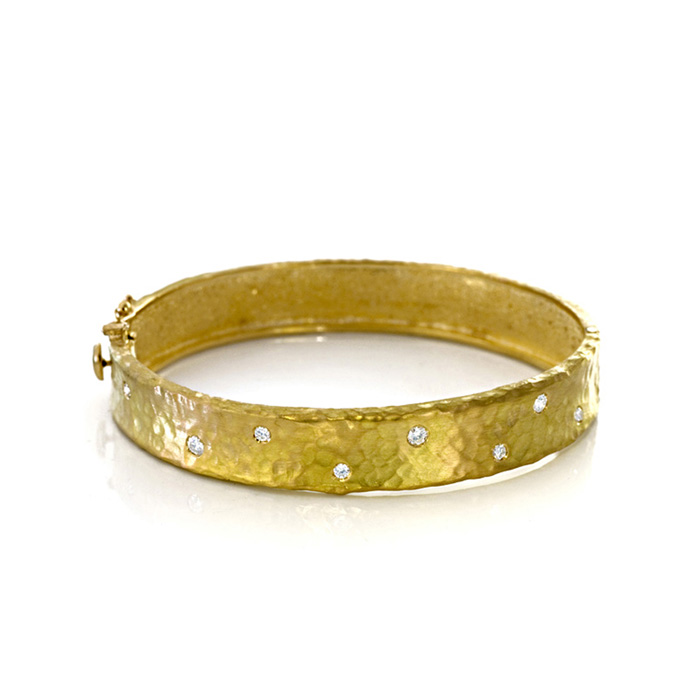 18K Yellow Gold 11.0mm Hammered Finish, Diamond Polka Dot Bracelet by SuperJeweler