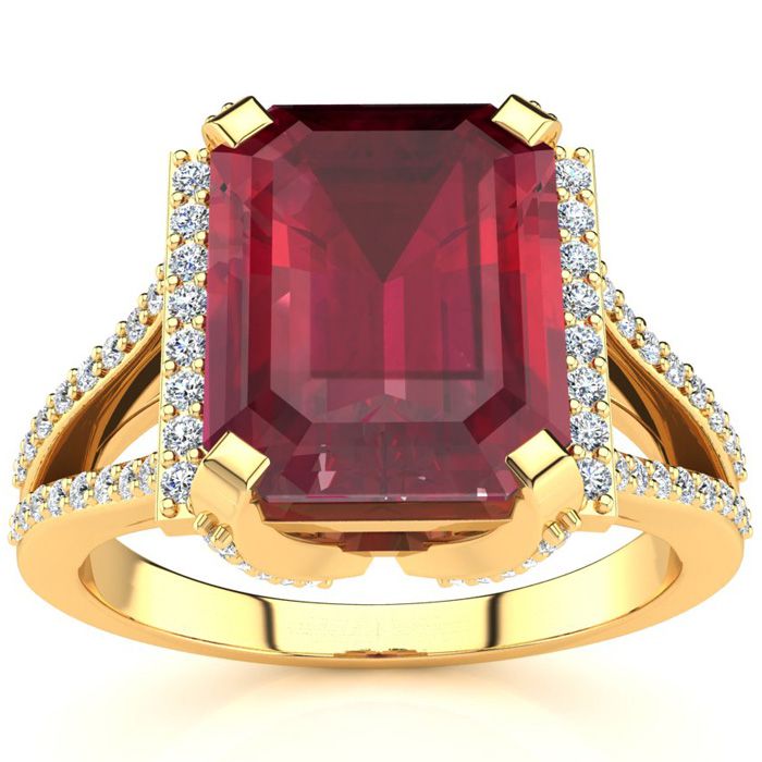 4 3/4 Carat Emerald Cut Ruby and Halo Diamond Ring In 14 Karat Yellow Gold
