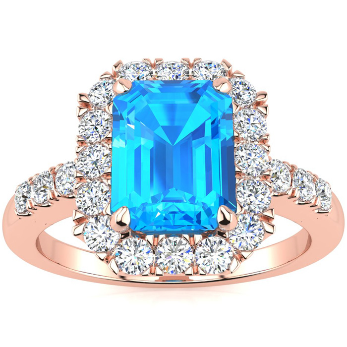 2.5 Carat Blue Topaz & Halo Diamond Ring in 14K Rose Gold (5 g),  by SuperJeweler