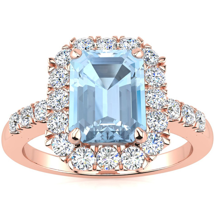 Emerald Cut Aquamarine and Open Two Row Diamond Ring