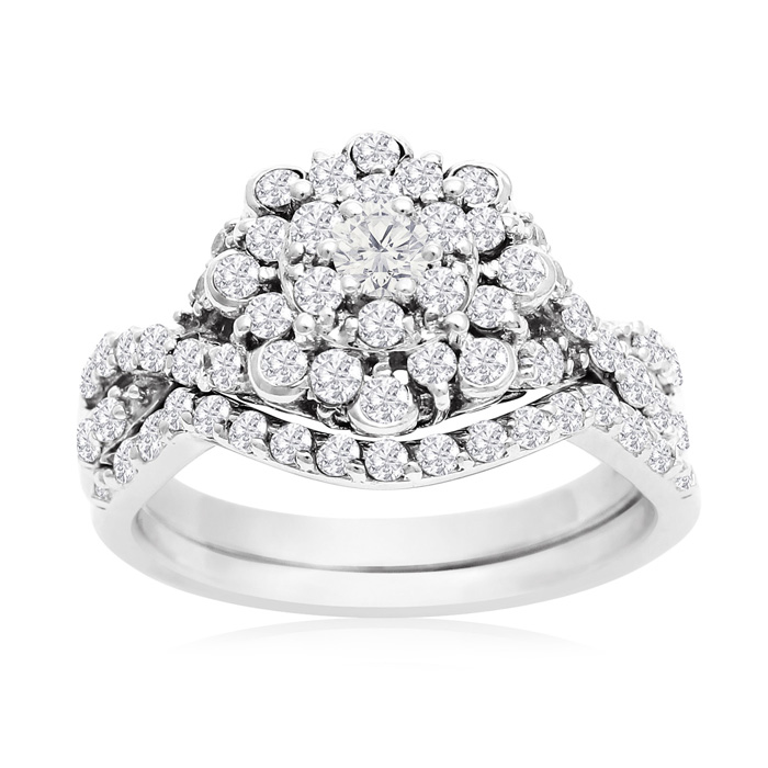 1 Carat Floral Halo Diamond Bridal Ring Set in 14K White Gold (3.3 g) (, SI2-I1) by SuperJeweler