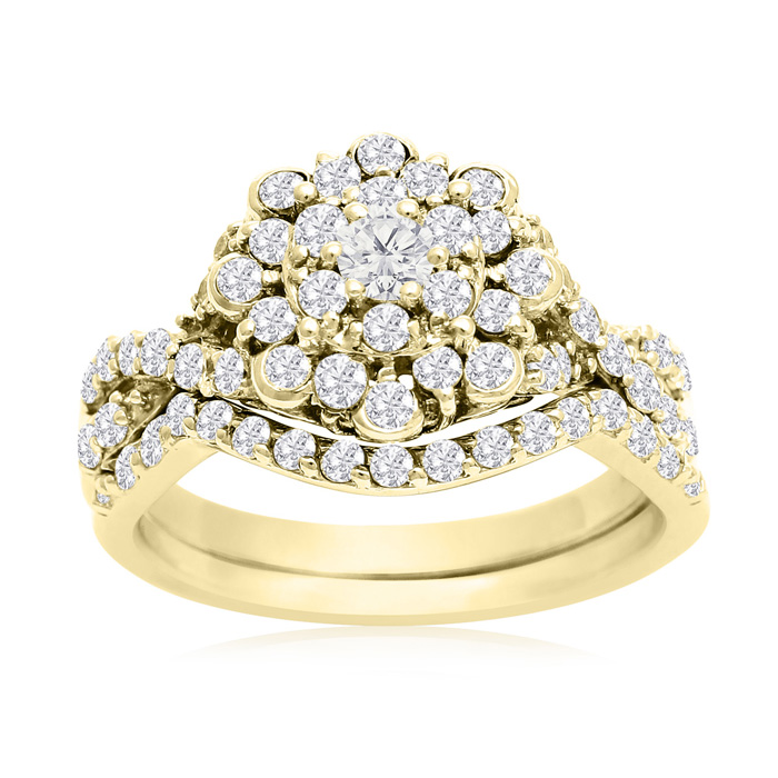 1 Carat Floral Halo Diamond Bridal Ring Set in 14K Yellow Gold (3.3 g) (, SI2-I1) by SuperJeweler