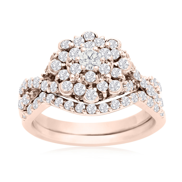 1 Carat Floral Halo Diamond Bridal Ring Set in 14k Rose Gold (3.3 g) (, SI2-I1) by SuperJeweler