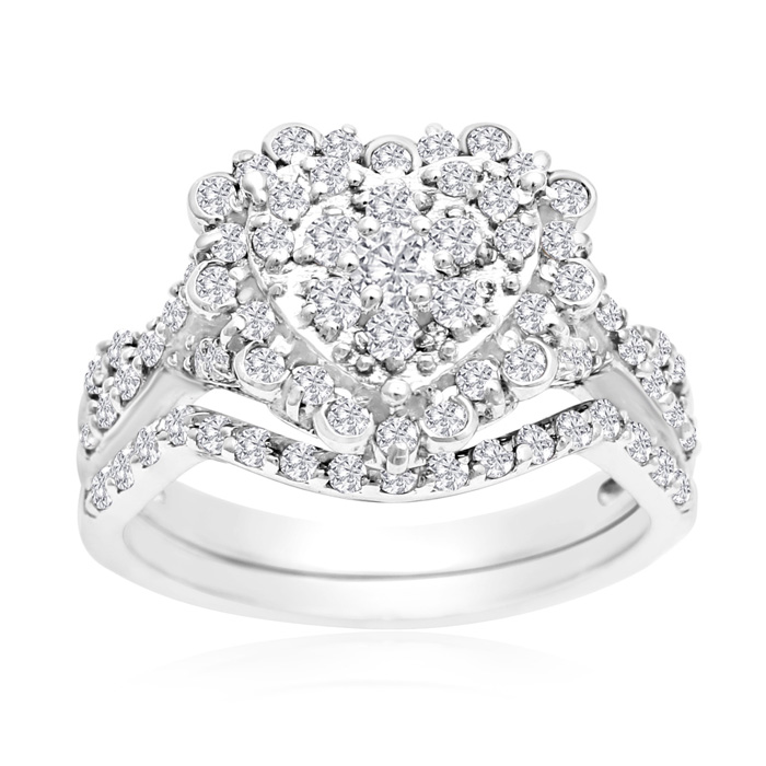 1 Carat Heart Halo Diamond Bridal Ring Set in 14K White Gold (3.6 g) (, SI2-I1) by SuperJeweler