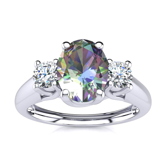 1 1/5 Carat Oval Shape Mystic Topaz & Two Diamond Ring in 14K White Gold (2.2 g),  by SuperJeweler