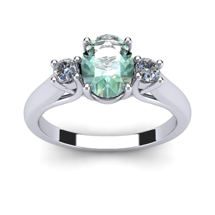 1 Carat Oval Shape Green Amethyst & Two Diamond Ring in 14K White Gold (2.2 g),  by SuperJeweler