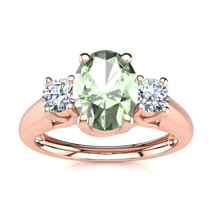 1 Carat Oval Shape Green Amethyst & Two Diamond Ring in 14K Rose Gold (2.2 g),  by SuperJeweler