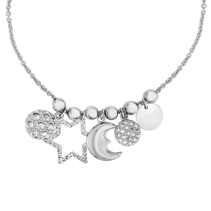 Sterling Silver & Cubic Zirconia Moon & Stars Charm Bracelet W/ Adjustable Bead, 7 Inch By SuperJeweler