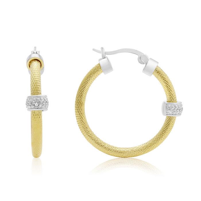 Herringbone Two Tone Diamond Hoop Earrings, Gold Overlay, 1 Inch,  by SuperJeweler