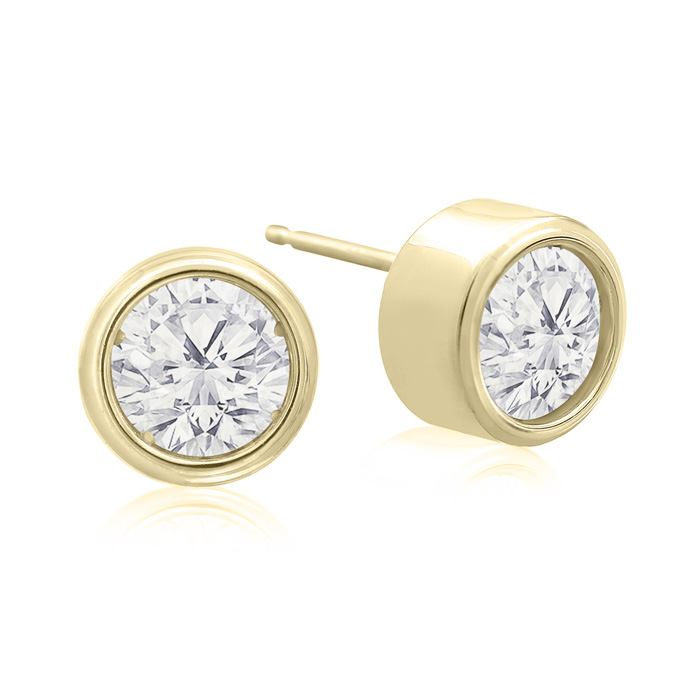 2 Carat Bezel Set Diamond Stud Earrings Crafted in 14K Yellow Gol