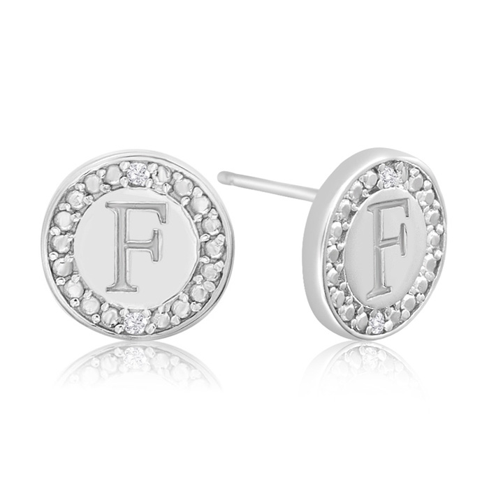 "F" Initial Diamond Stud Earrings in Sterling Silver,  by SuperJeweler