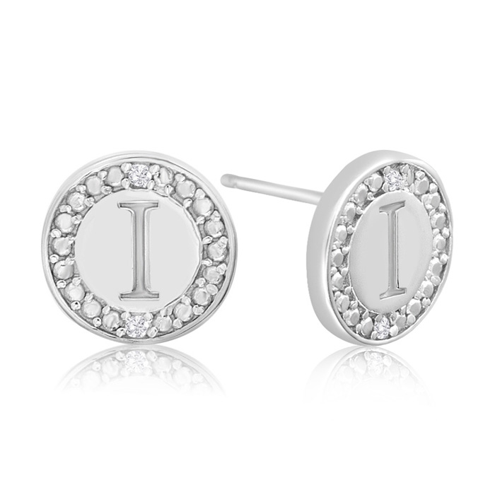 "I" Initial Diamond Stud Earrings in Sterling Silver,  by SuperJeweler