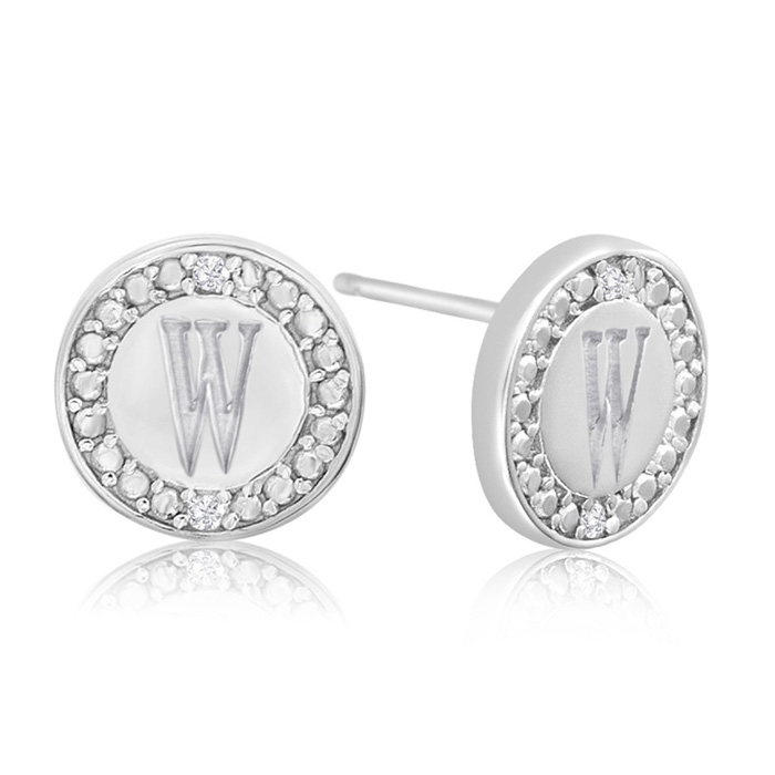 "W" Initial Diamond Stud Earrings in Sterling Silver,  by SuperJeweler