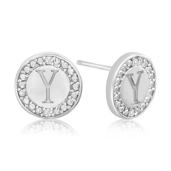 "Y" Initial Diamond Stud Earrings in Sterling Silver,  by SuperJeweler