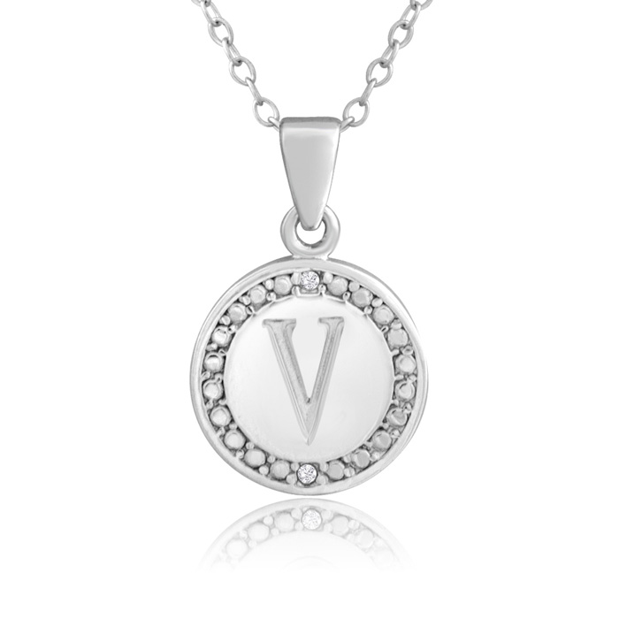 Letter V Diamond Initial Necklace in Sterling Silver, 18 Inches,  by SuperJeweler