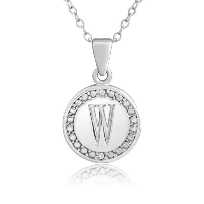 Letter W Diamond Initial Necklace in Sterling Silver, 18 Inches,  by SuperJeweler