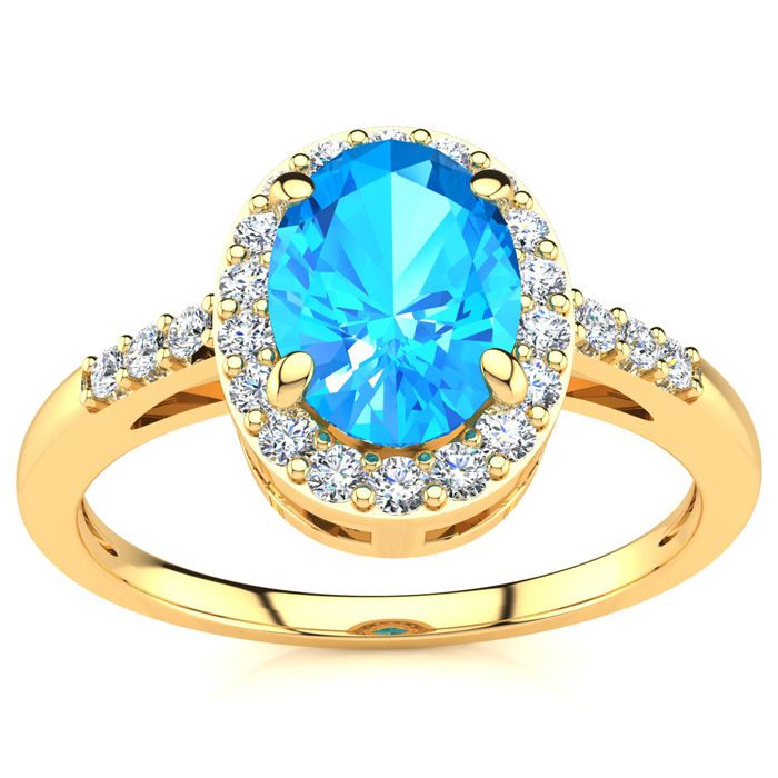 1 Carat Oval Shape Blue Topaz & Halo Diamond Ring in 14K Yellow Gold (3 g),  by SuperJeweler