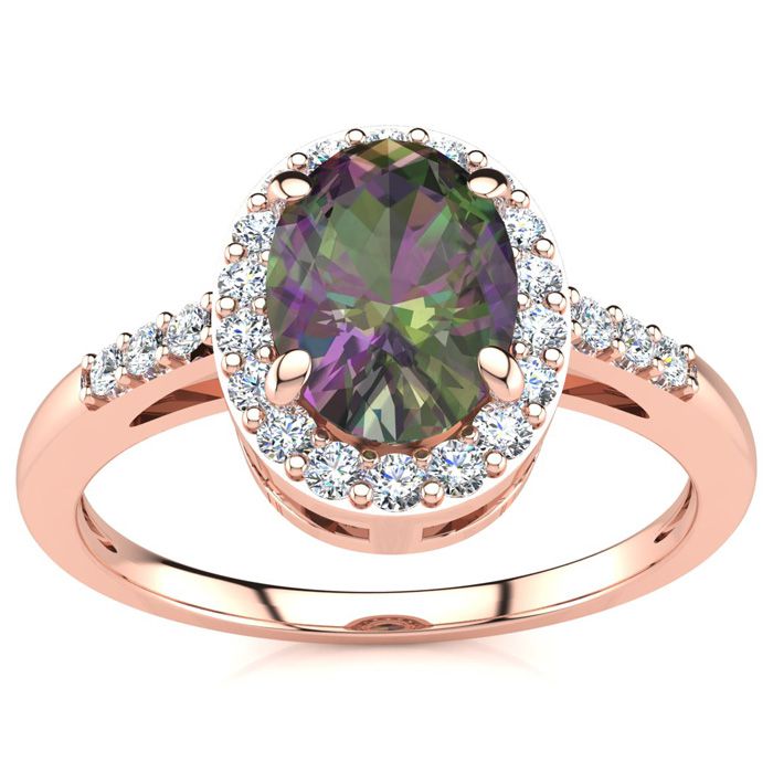 3/4 Carat Oval Shape Mystic Topaz & Halo Diamond Ring in 14K Rose Gold (3 g),  by SuperJeweler