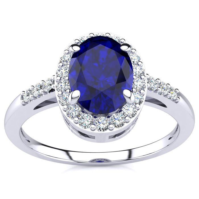 1 Carat Oval Shape Sapphire & Halo Diamond Ring in 14K White Gold (3 g),  by SuperJeweler