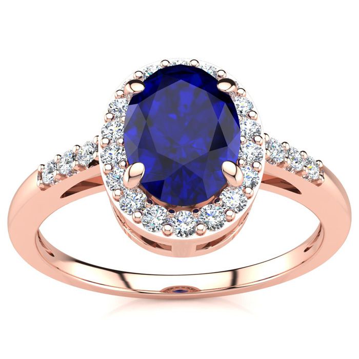 1 Carat Oval Shape Sapphire & Halo Diamond Ring In 14K Rose Gold (3 G), I/J By SuperJeweler