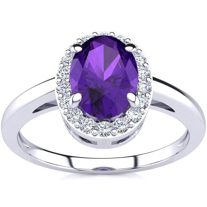 3/4 Carat Oval Shape Amethyst & Halo Diamond Ring In 14K White Gold (3 G), I/J By SuperJeweler