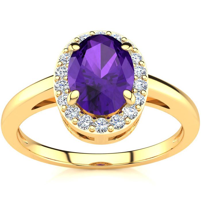 3/4 Carat Oval Shape Amethyst & Halo Diamond Ring in 14K Yellow Gold (3 g),  by SuperJeweler